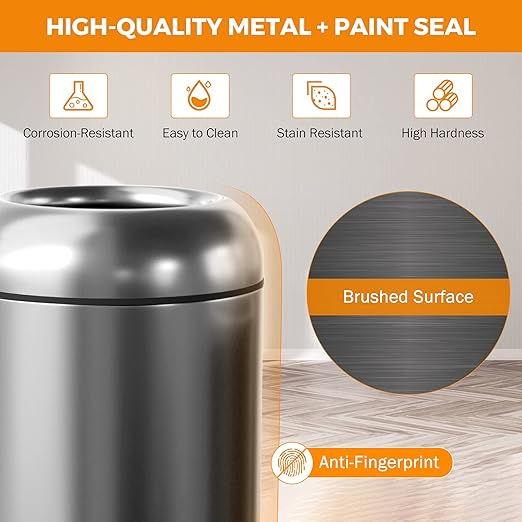 BEAMNOVA 16.5 Gallon Trash Can Black Open Top Outdoor Indoor Commercial Stainless Steel Industrial Waste Basket Container, Metallic Black Large Garbage Enclosure with Lid
