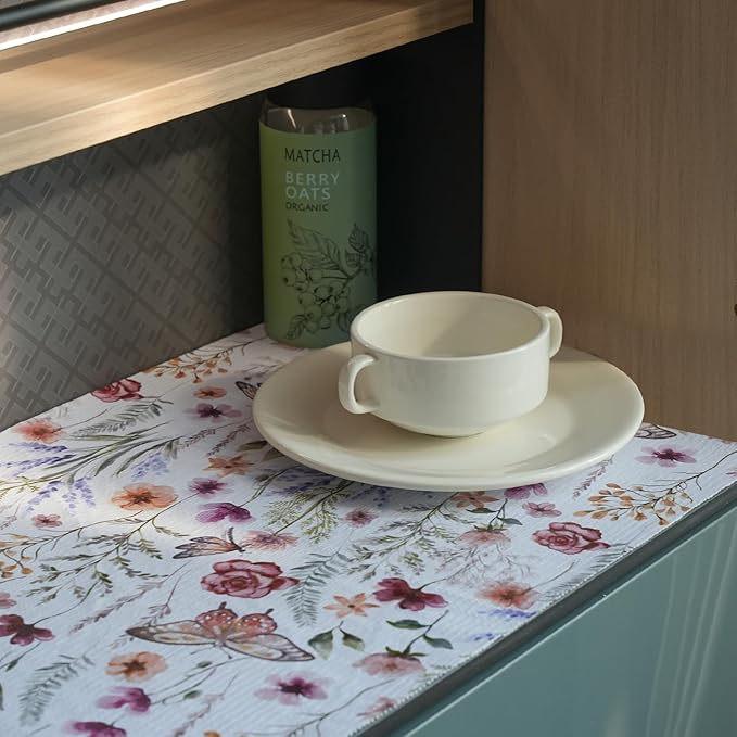 Floral Shelf and Drawer Liner for Kitchen Cabinets,12IN x 20FT Non-Adhesive and Strong Non-Slip Cabinet Drawer Liners for Kitchen Shelf, Waterproof Cupboard Liners,Easy to Clean