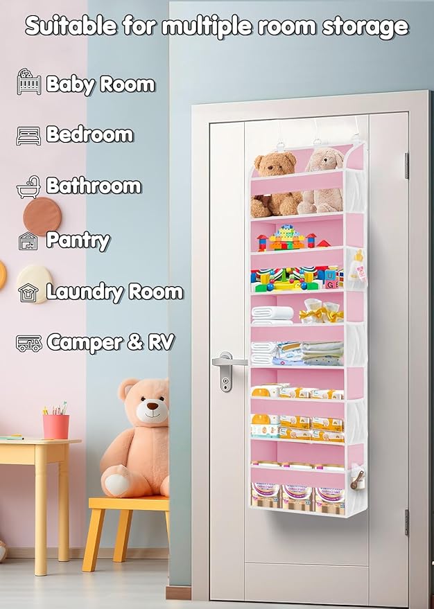 2 Pack Over The Door Storage Organizer with 5 Pockets 10 Mesh Pockets, 44 lbs Weight Capacity Door Hanging Organizers and Storage for Bedroom,Bathroom,Nursery,Kidroom,Babyroom