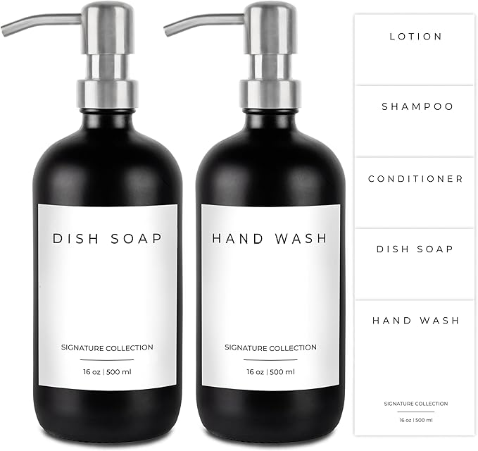 Emerson Glass Soap Dispenser Set - Kitchen & Bathroom, 2 Pack with Pump and Labels - 16 Oz