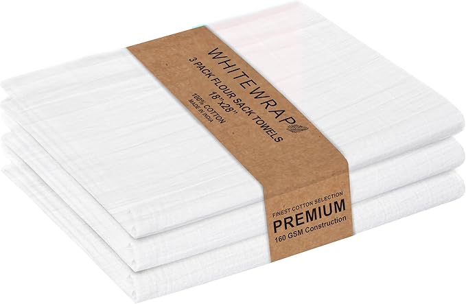 WHITEWRAP Flour Sack Towels 18x28 – 100% Cotton (Pack of 3), Reusable Kitchen Tea Towels for Baking, Crafts, Embroidery Ideas