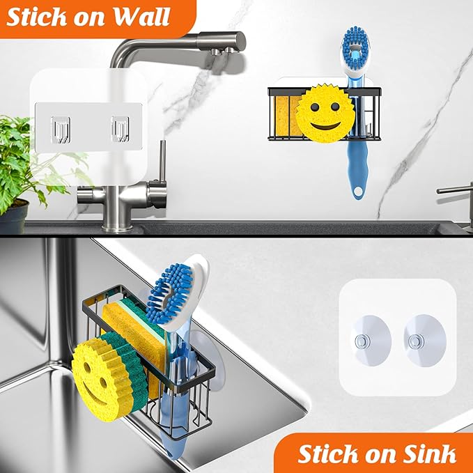 Sponge Holder Smiley Face,Sink Caddy,Sink Organizer with 2 Suction Cups/1 Adhesive Strips,Designed for Sponge,Soap,Dish Brush,Scrubber - Black
