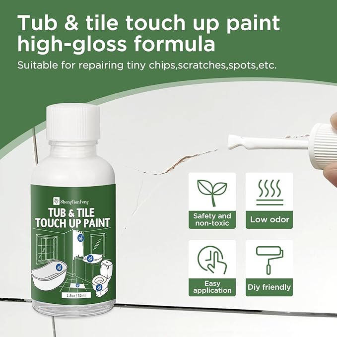 Universal Gloss White Touch Up Paint for Ceramic/Porcelain/Tile - Repair Pen Works on Kitchen Backsplash, Shower Walls, Counter Edges - No Primer Needed, Dries in 20 Minutes（1.5 Oz