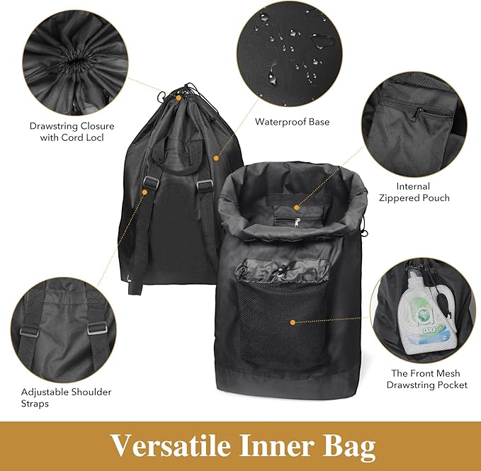 60L 2-in-1 Laundry Hamper with Laundry Backpack, Waterproof Basket with Lid, Laundry Bag with Shoulder Straps and Mesh Pocket, Hamper for College Dorm, Travel, Apartment, Laundromat