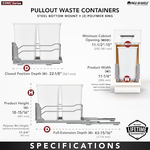 Rev-A-Shelf Double Pullout Trash Can for Base Kitchen Cabinets 27 Quart 12.5 Gallon with Soft-Close Slides, Metallic Silver, 53WC-1527SCDM-217