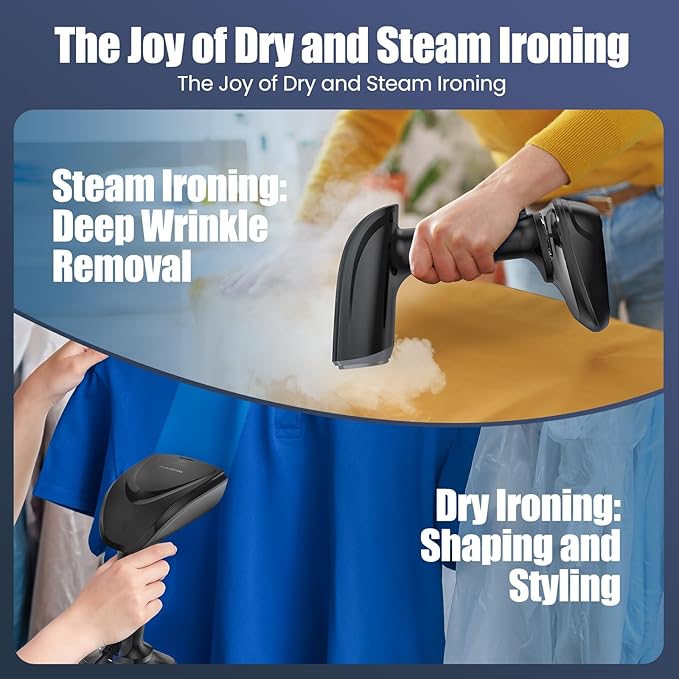 Powerful Handheld Fabric Steamer - 1800W with Fast Ceramic Heat-Up Plate, 2-in-1 Ironing & Wrinkle Remover, Steam Nozzle, Lint Brush - Black, for US 120V Only