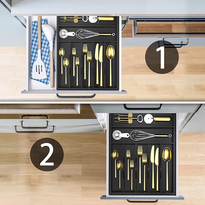 Utensil Organizer Silverware Drawer Organizer - 7 Slots Bamboo Silverware Tray For Kitchen Cutlery Office Supplies Makeup Desk Storage Garage Tool Organization W13”x L17” (Black)