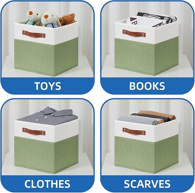 Temary Fabric Storage Bin 11x11 Cube Storage Bins for Home, 4 Pack Fabric Organizer Bins Cube Organizer Bins with Leather Handles Decorative Storage Bins for Shelf (White&Green)