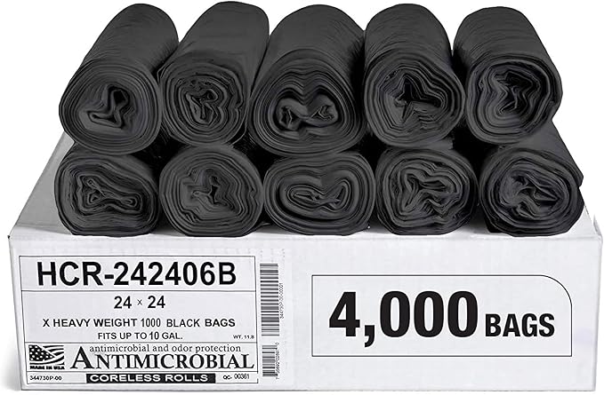 Aluf Plastics High Density Trash Bags, 10 Gallon, 4000 Count, 6 Micron (eq), 24" x 24", Black, for Bathroom, Office, Industrial, Commercial, Janitorial, Municipal, Recycling