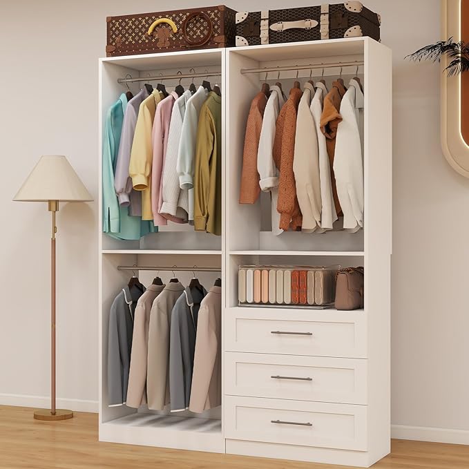 Closet System with 2 Sets, 4FT Closet Organizer Systems with 3 Wooden Drawers & 5 Hanging Rods, Walk in Closet Standalone Corner Closet System Modular Closet System Set White (4FT)