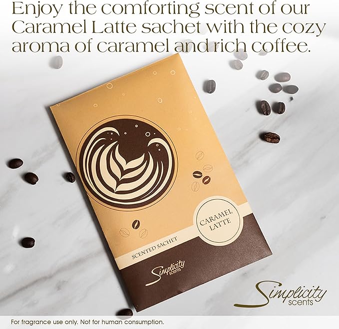 Floral Simplicity Caramel Latte Scented Sachets Pack of 3, Fall & Winter - Long-Lasting Scented Bags, Home Fragrance, Air Freshener & Deodorizer for Closet, Room, Drawer, or Cars, Made in The USA