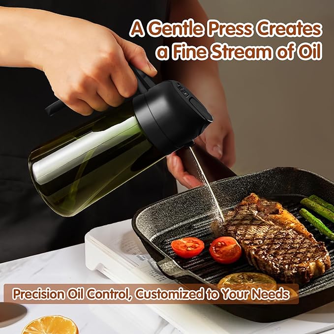YARRAMATE 16oz/470ml 2PCS Light Blockage Dark Oil Sprayer for Cooking, 2 in 1 Olive Oil Dispenser Bottle for Kitchen, Green Glass Oil Bottle, Food-Grade Oil Mister for Air Fryer, BBQ (Black & Green)