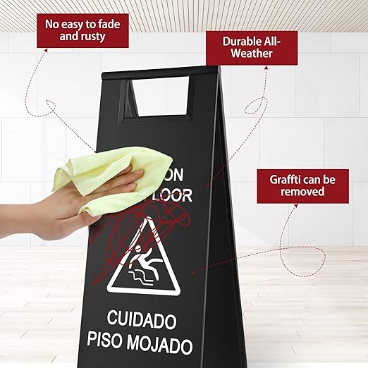 Kigley 2 Pcs Wet Floor Sign, 24 Inch Stainless Steel Caution Wet Floor Sign Double Sided Portable Foldable Bilingual Safety Warning for Hotel Market Restroom Restaurant Office (Black)