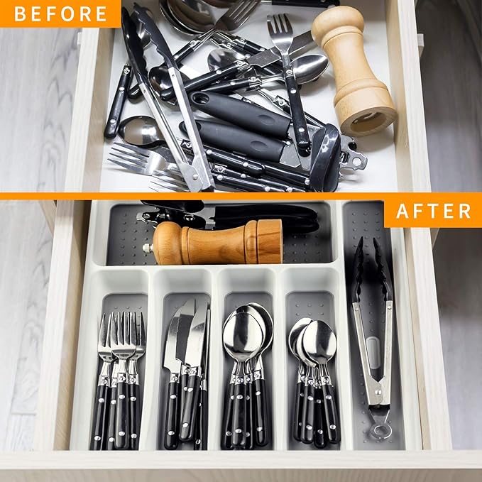 LeMuna Silverware Organizer Tray for Drawer, 6 Compartment Kitchen Drawer Organizer, Soft Grip Lining and Non-Slip Rubber Feet, Flatware Plastic Cutlery Tray