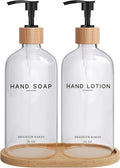 Clear Glass Soap and Lotion Dispenser Set with Tray by Brighter Barns - Hand Soap Dispenser Bathroom Set - Liquid Soap Dispenser and BPA-Free Pump - Neutral Home Decor & Modern Bathroom Accessories
