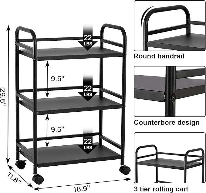 HDANI 3 Tier Rolling Cart Shelves,Heavy Duty Multifunctional Metal Frame-Supports 22 Lbs Per Tier,Rolling Cart with 2 Lockable Wheels for Home,Office,Kitchen,Bathroom,Bedroom (Black)…