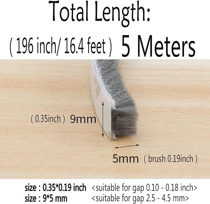 Weather Stripping Brush for Sliding Windows/Doors Frame Side,Pile Self Adhesive Weatherstrip Seal Strip Sealer Draft Stoppers (16.5ft x11/32 x 3/16 Brush inch, Grey)