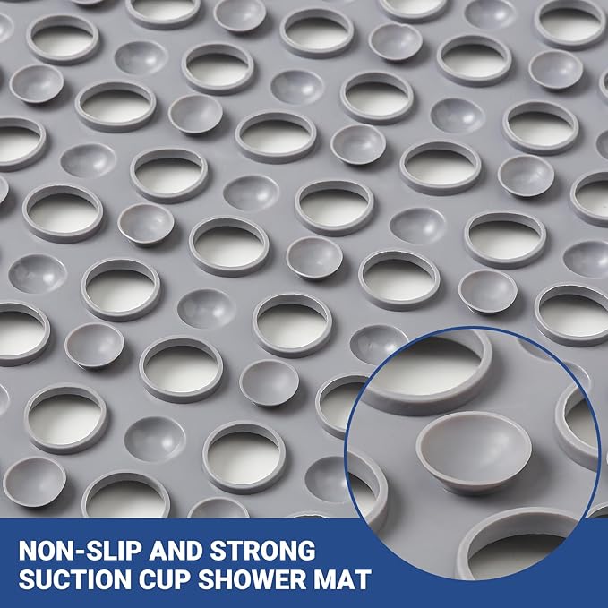 Non Slip Bathtub Mat and Shower Mat 31x17 inch,Bath Mat with Quick Dry Drain Holes and Suction Cups, Soft Comfortable Safe Bathroom Mat for Bath Tub, Floor, Tile (Grey)