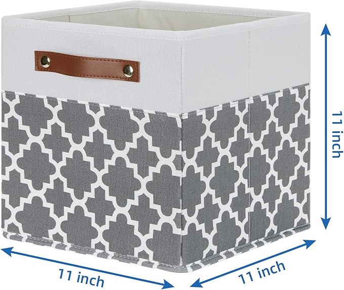 Temary 11x11x11 Cube Storage Bins Cube Organizer Bins 4 Pack Canvas Storage Bin for Home, Cube Storage Basket with Leather Handles(Grey Lattice)