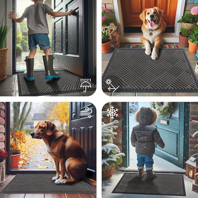 Smiry Front Door Mat Outside Entrance, Heavy Duty Outdoor Indoor Natural Rubber Doormat, Non Slip, Trap Dirt and Moisture, Easy Clean, Low Profile Patio Porch Entryway Mat, 59x20, Grey