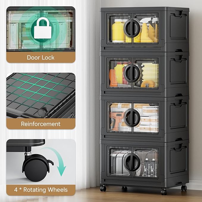 JEKO&JEKO 332Qt Lockable Stackable Storage Bins with Lids, Collapsible Closet Organizer with Wheels, Plastic Cabinet Drawer for Clothes, Dorm Room 4 Pack (Black)