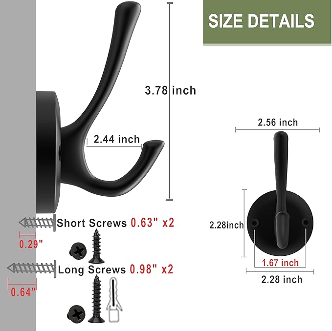 Matte Black Wall Hooks, 4 Pack Heavy Duty Coat Towel Hook Metal Double Backpack Hook Wall Mounted, Bath Towel Hooks for Entryway Cubicle Bathroom Closet Garage