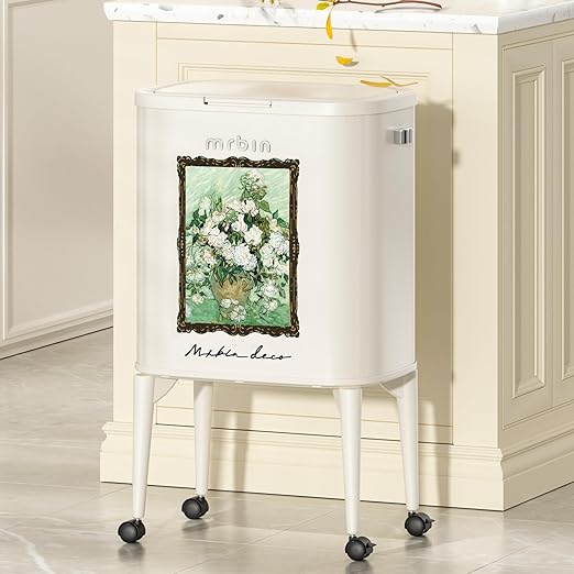 MRBIN Metal Kitchen Trash Can with Wheel Legs, 36L / 9.5gal Medium Press Lid Slim Removable Waste Basket, Pet Proof Tall Narrow Garbage Pail for Vanity, Bedroom, Bathroom, Living Room, White Rose