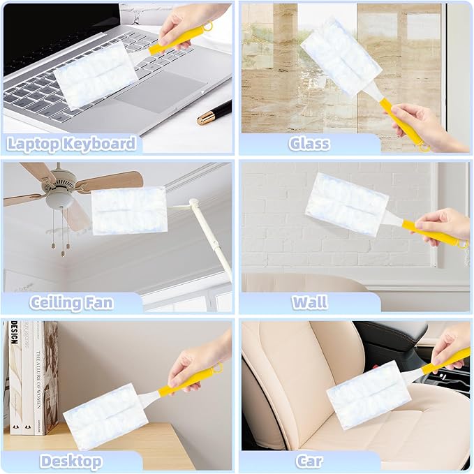 52 Count Disposable Duster Refills for Cleaning, 180° Dusters Refills Compatible with Swiffer (Blue, 50 Count Dust Removal Brushes + 1 Standard Handle + 1 Extended Handle)