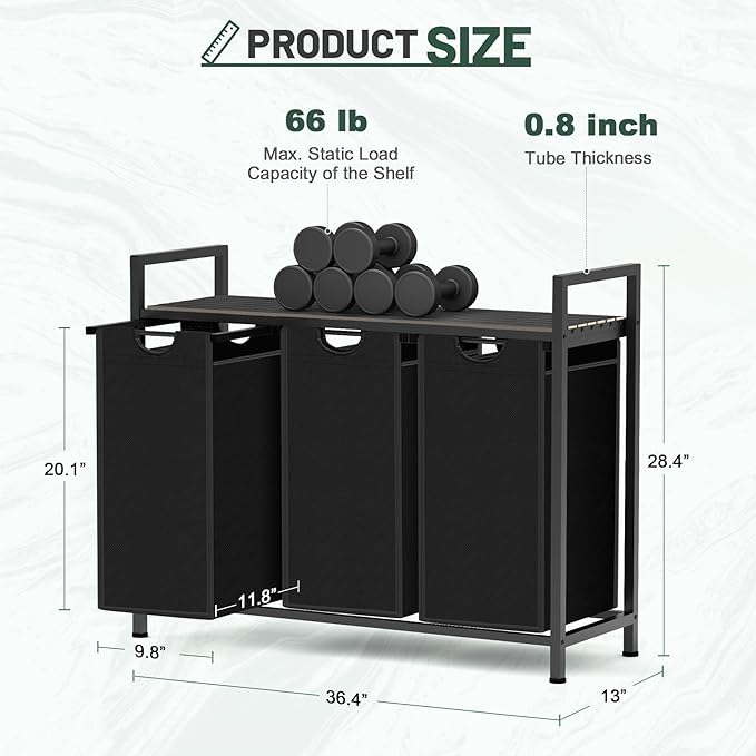 Laundry Hamper, Laundry Sorter with 3 Pull-Out Removable Oxford Fabric Bags Cloth Laundry Basket 3 x 10 Gallons (Charcoal Black)