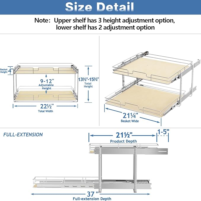 ROOMTEC 2 Tier Individual Pull Out Cabinet Organizer 22½"W x 21½"D, Slide Out Wood Shelves Organizers, Pull Out Drawers Organization and Storage for Kitchen Cabinet