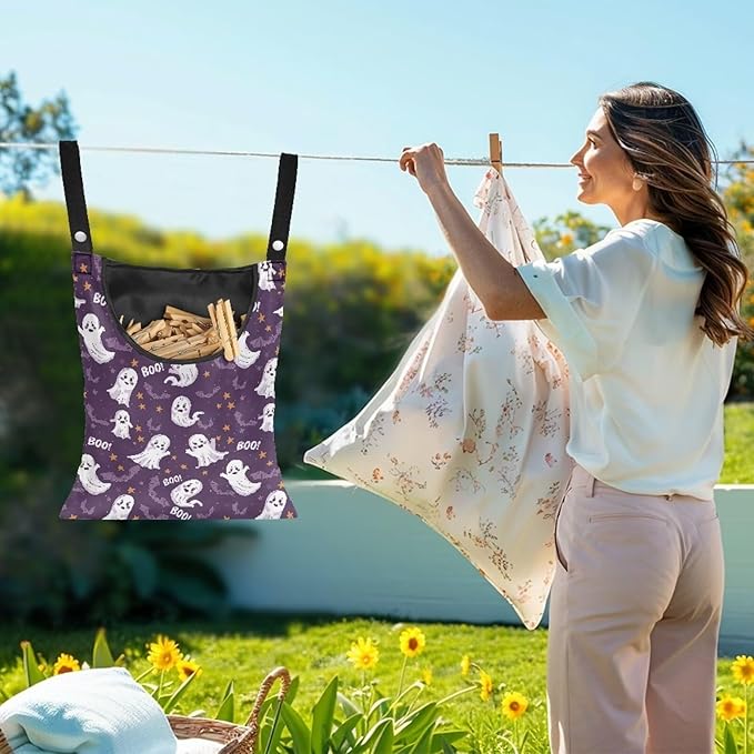 Cute Ghost Clothespin Storage Hanger Bags Laundry Clothespin Bag with a Large Opening, Hanging Storage Organizer with Hanging Rope for Home Outdoor Waterproof Clothespin Storage