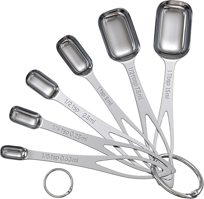 6PCS Narrow Measuring Spoons Set, Stainless Steel Measuring Spoon Fits in Spice Jars, Metal Teaspoon Measuring Spoons, Rectangular Tablespoon, Long Measuring Spoons for Dry & Liquid Ingredients