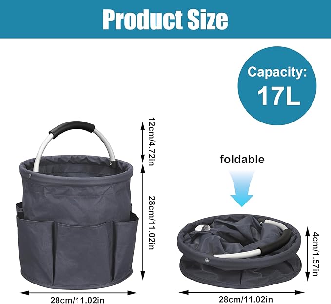 Qivine 17L Cleaning Caddy with Handle, Cleaning Supply Caddy Foldable Tool Bag Cleaning Products Organizers Portable Cleaning Bucket Organiser for Storing Towels (Dark Gray)