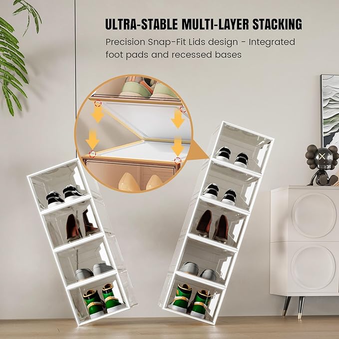 Shoe Storage Boxes Stackable, X-Large Plastic Clear Shoe Organizers with Magnetic Door, Thicken & Sturdy Sneaker Containers, Toy Storage Organizer Bins for Entryway, Closet, Under Bed
