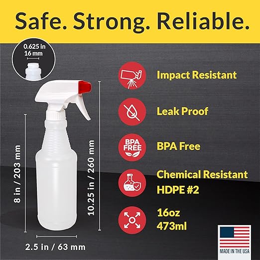 Pinnacle Mercantile Plastic Spray Bottles Leak Proof Technology Empty 16 oz Value Pack of 2 Made in USA