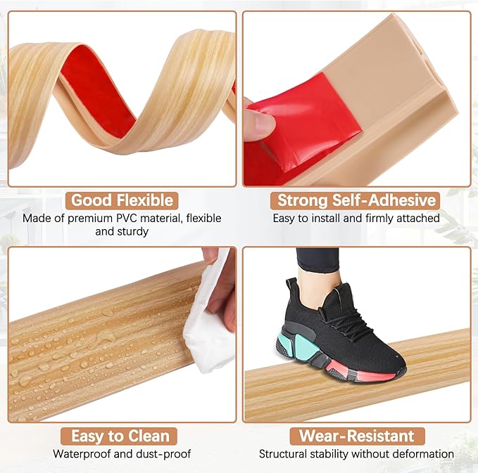 Vinyl Door Threshold Flooring Transition Strip Self Adhesive Carpet Edging Strip for Laminate Doorway Edge Threshold from 3/5" to 4/5" (Light Yellow Wood Grain, 6.6 Ft)