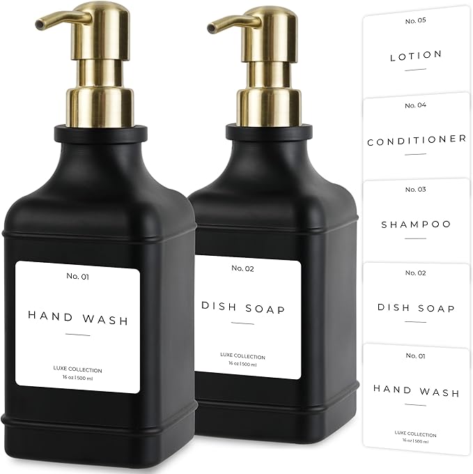 Emerson Essentials Soap Dispenser, Dish Soap Dispenser, Soap Bottle Dispenser Bathroom Set, Hand Soap Dispenser, Kitchen Soap Dispenser Set, Glass Soap Dispenser Pump + Labels | 16 Oz, 2-Pack