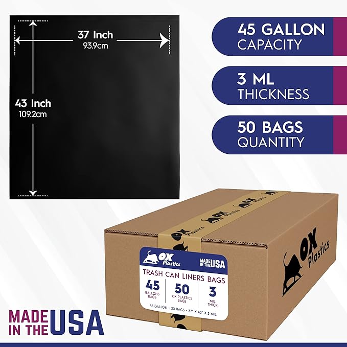 OX Plastics Black Trash Bags - Heavy Duty Garbage Bags, Extra Thick Unscented Large Trash Can Liners for Home, Outdoor, and Commercial Use - 42 Gallon, 50 Count