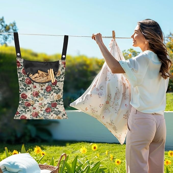 2 Pcs Rose Clothespin Laundry Bag, Clothes Lines for Clothes Outside, Hanging Storage Organizer with Hanging Rope for Home Outdoor