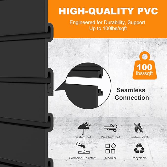 DoCred Slatwall Paneling Organizer, 4x7.5 FT PVC Garage Slat Wall Storage Systems, Heavy Duty Mounted Slat Peg Board for Tool Organization Ladder Bike Includes 20 PCS Hooks Accessories Kit (Black)