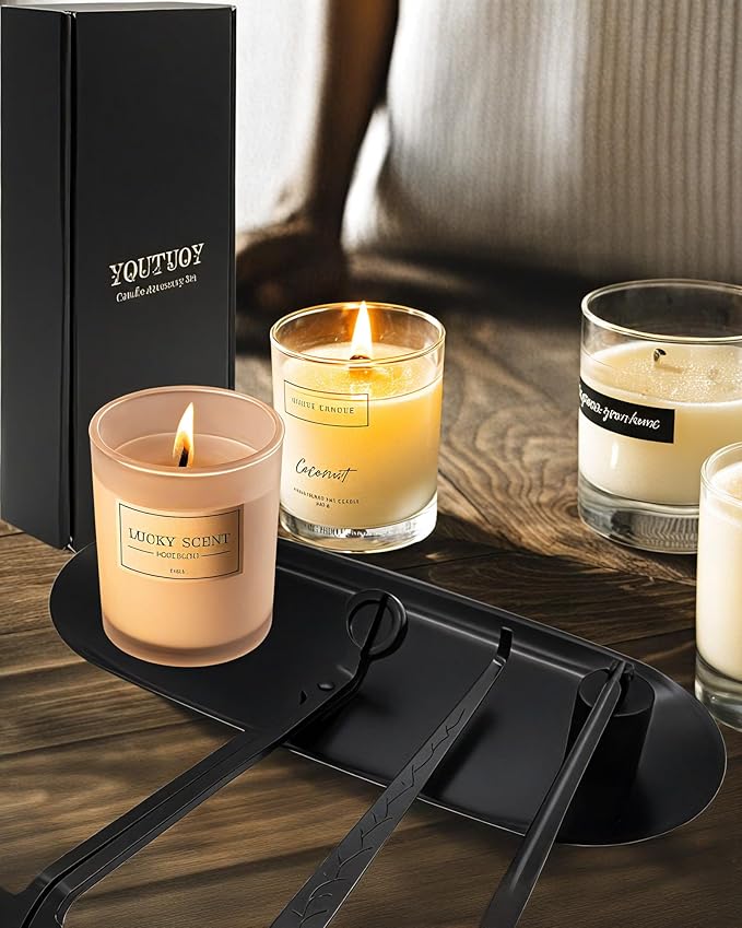 4 in1 Candle Accessory Set with Storage Tray Plate, Candle Wick Trimmer, Candle Wick Snuffer, Candle Wick Dipper, Great for Scented Candles Lovers (Matte Black)