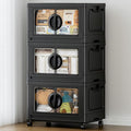 JEKO&JEKO 249Qt Lockable Stackable Storage Bins with Lids, Collapsible Closet Organizer with Wheels, Plastic Cabinet Drawer for Clothes, Dorm Room 3 Pack (Black)