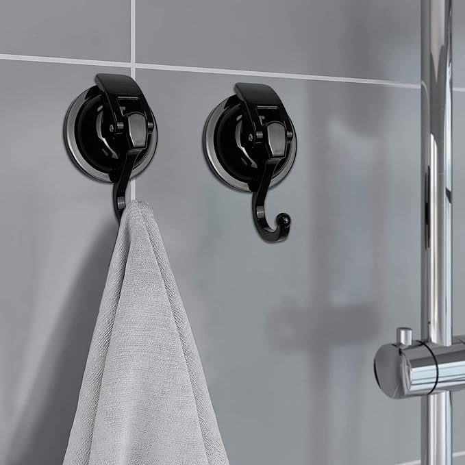 Heavy Duty Suction Cup Hooks for Shower, Bathroom Robe, Garland Decoration - Vacuum Glass Hooks, Reusable, No Hole Punched (Black, 4 Pack)