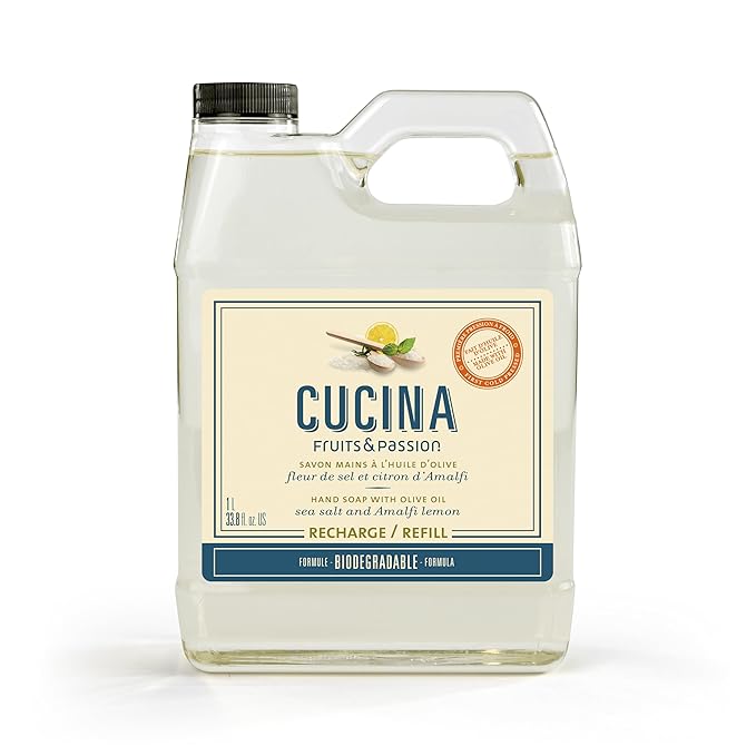 Cucina Fruits & Passion Hand Soap Refill – 1 Liter (33.8 oz) Sea Salt and Amalfi Lemon – Purifying All Natural Kitchen Hand Soap with Olive Oil – Vegan and Moisturizing Formula