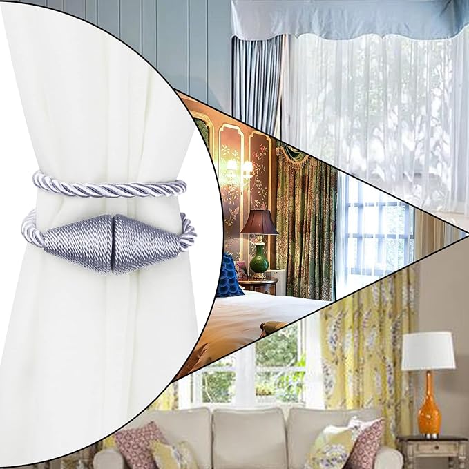 4 Pack Magnetic Curtain Tiebacks Rope Modern Handmade Curtain Tie Backs Decorative Drapes Weave Holdbacks for Window Décor, Grey