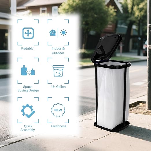 Collapsible Trash Bag Holder Portable Garbage Bin Holder Stand for Kitchen Outside 13 Gallon Plastic Outdoor Trash Can with Lid for Parties and Camping, Black