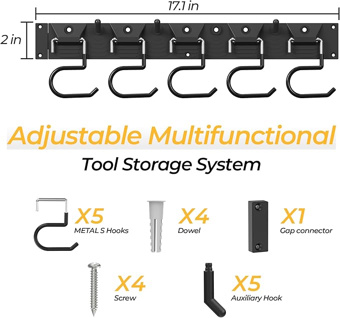 34 Inch Garden Tool Organizer Wall Mount with Non Slip Rubber Coated Metal Hooks, Storage Rack for Indoor/Outdoor Shovel, Rake, Mop and Broom Holder Wall Mount （ 10 Hooks+10 Holders