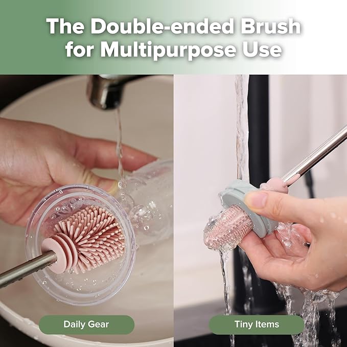 haakaa Cleaning Brush Silicone Bottle Brush Double-Ended Soft Silicone Bristles for Breast Pumps, Breast Milk Collectors, Baby Bottles, Teats, Breastmilk Storage Bags, Pink -1pk