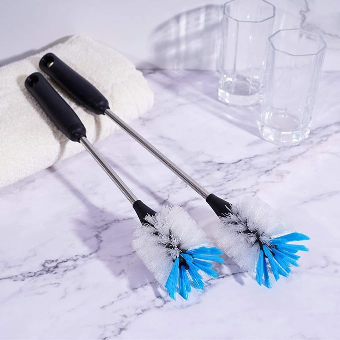 Stainless Steel Bottle Brush with Replaceable Head, 2 Pack Long Handle Scrubbing Brush for Water Bottles, Glasswares, Mugs, Flasks, Tumblers, Vases, and Kitchen Sink, 13 in - 15 in