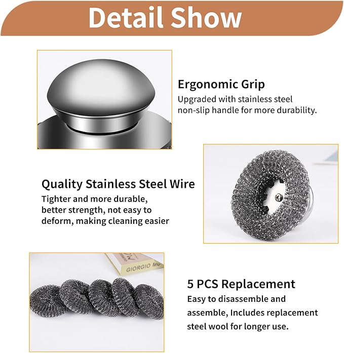 6Pcs Steel Wool Scrubber with Replacement Wire Pads Set, Stainless Steel Scrubber with Handle for Scouring Stubborn Messes from Cast Iron, Pots, Pans, Grill, Stoves, Sink(1 Scrubber+5 Pads)